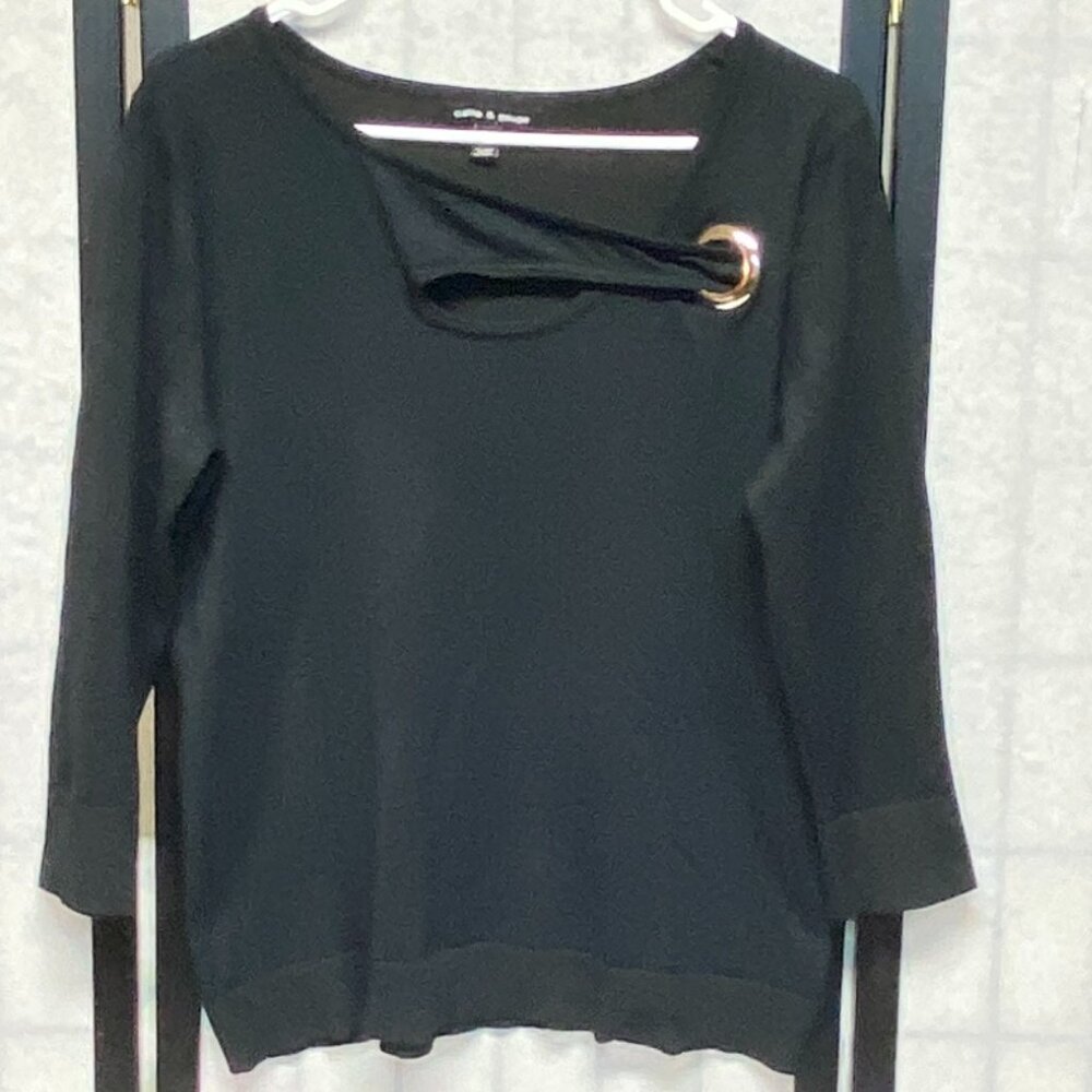 Cable & Gauge Crossover Open Cutout Bradded Front Knit Blouse Black M 3/4 Sleeve